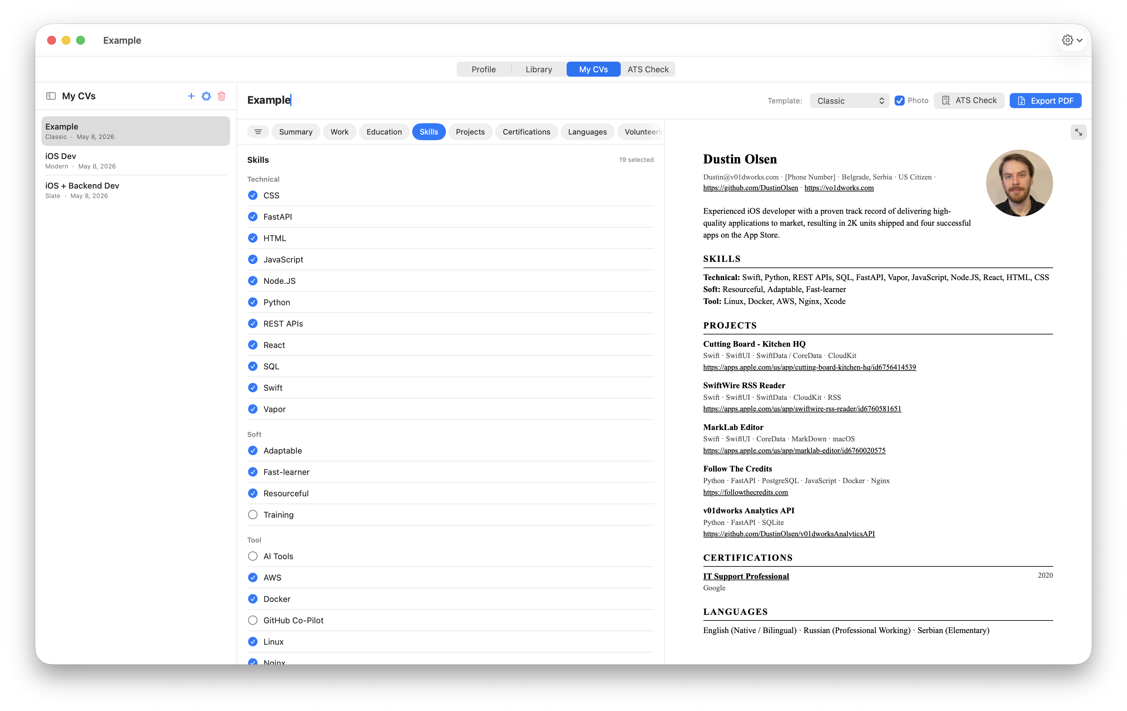CV Lab — Library tab